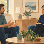 Illustration of an adult speaking with a clinician in a calm consultation room