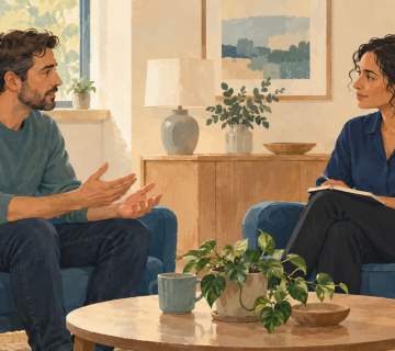 Illustration of an adult speaking with a clinician in a calm consultation room