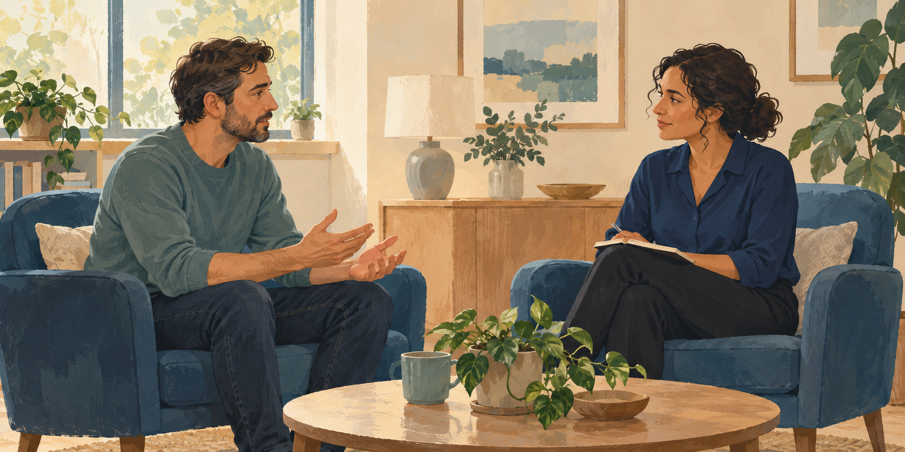 Illustration of an adult speaking with a clinician in a calm consultation room