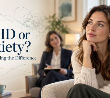 Thoughtful woman seated in a consultation room beside the text “ADHD or Anxiety? Understanding the Difference 